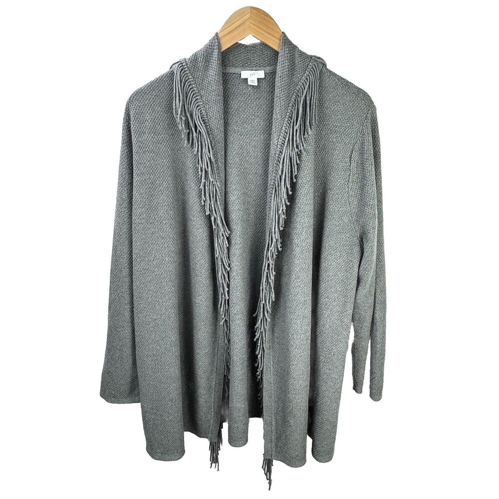 J. Jill Gray Knit Fringe Sweater Cardigan Cotton Blend Oversized Long Sz XLP
